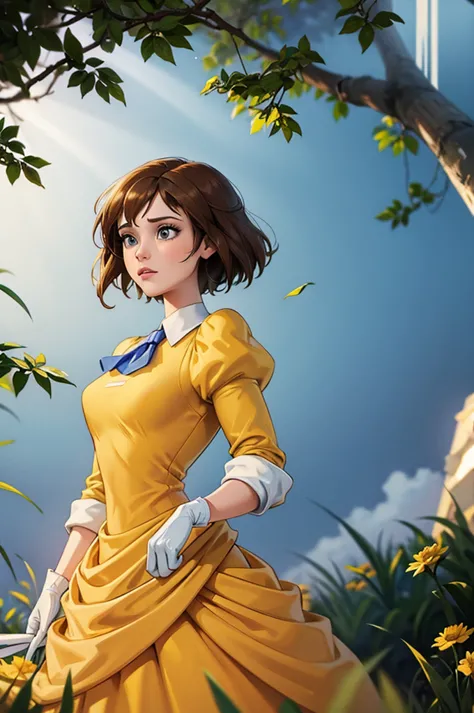 masterpiece, best quality, exterior, lens flare, depth of field, 1 girl, alone, looking at the viewer, old, jane porter, short h...