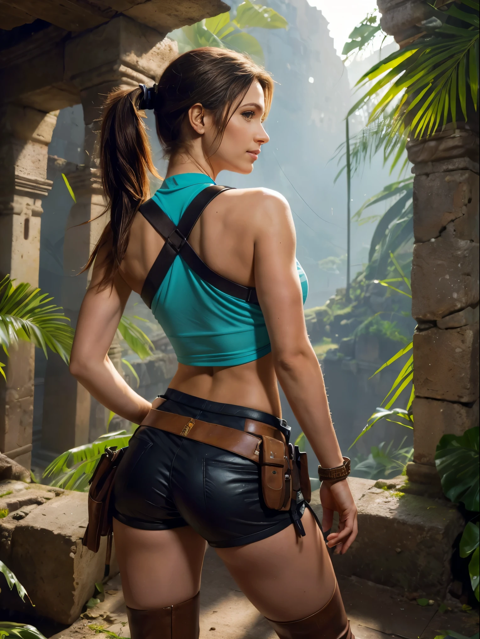 (masterpiece, top quality, best quality, official art, beautiful and aesthetic:1.2), (1girl:1.3), brown hair, ponytail, extremely detailed, portrait, looking at viewer, solo, (full body:0.6), detailed background, close up, mischievous eyes, (cool Incan ruins theme:1.1), pleasant smile, brunette, aquiline nose, green eyes, ponytail, ((gigantic breasts)), (thin), athletic, Lara Croft. Wearing a sleek light blue sleeveless top, brown shorts, boots, shoulder harness, backpack, holsters, utility belt, slim waist, slim hips, long legs, ancient (jungle ruins exterior:1.1) detailed background, bright optimistic lighting, shadows, magical atmosphere, dutch angle, 