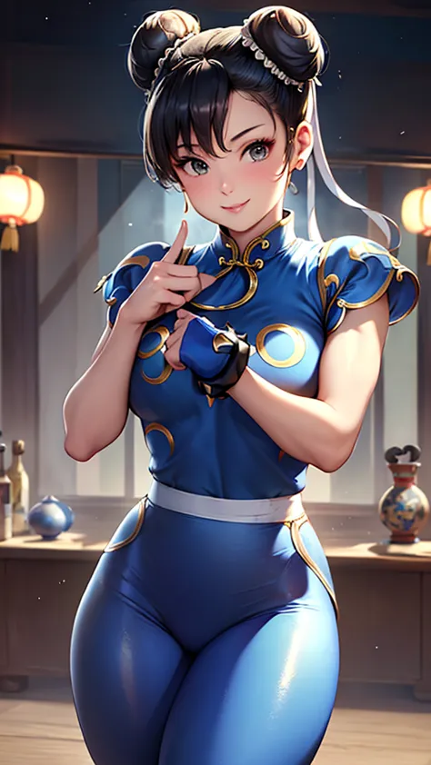 ((chun-li,ponytail,blue leggings:1.3)),upper body, looking at the audience,slim and sexy figure, the best quality, (8k), (4k),(m...