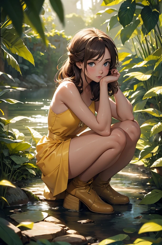 masterpiece, Best Quality, exterior, Lens flare, depth of field, 1 girl, alone, looking at the viewer, old, jane porter, naked, kneeling