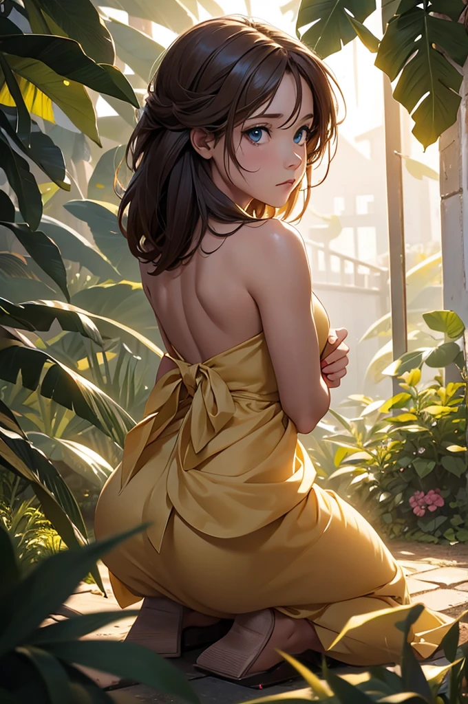 masterpiece, Best Quality, exterior, Lens flare, depth of field, 1 girl, alone, looking at the viewer, old, jane porter, naked, kneeling, from behind