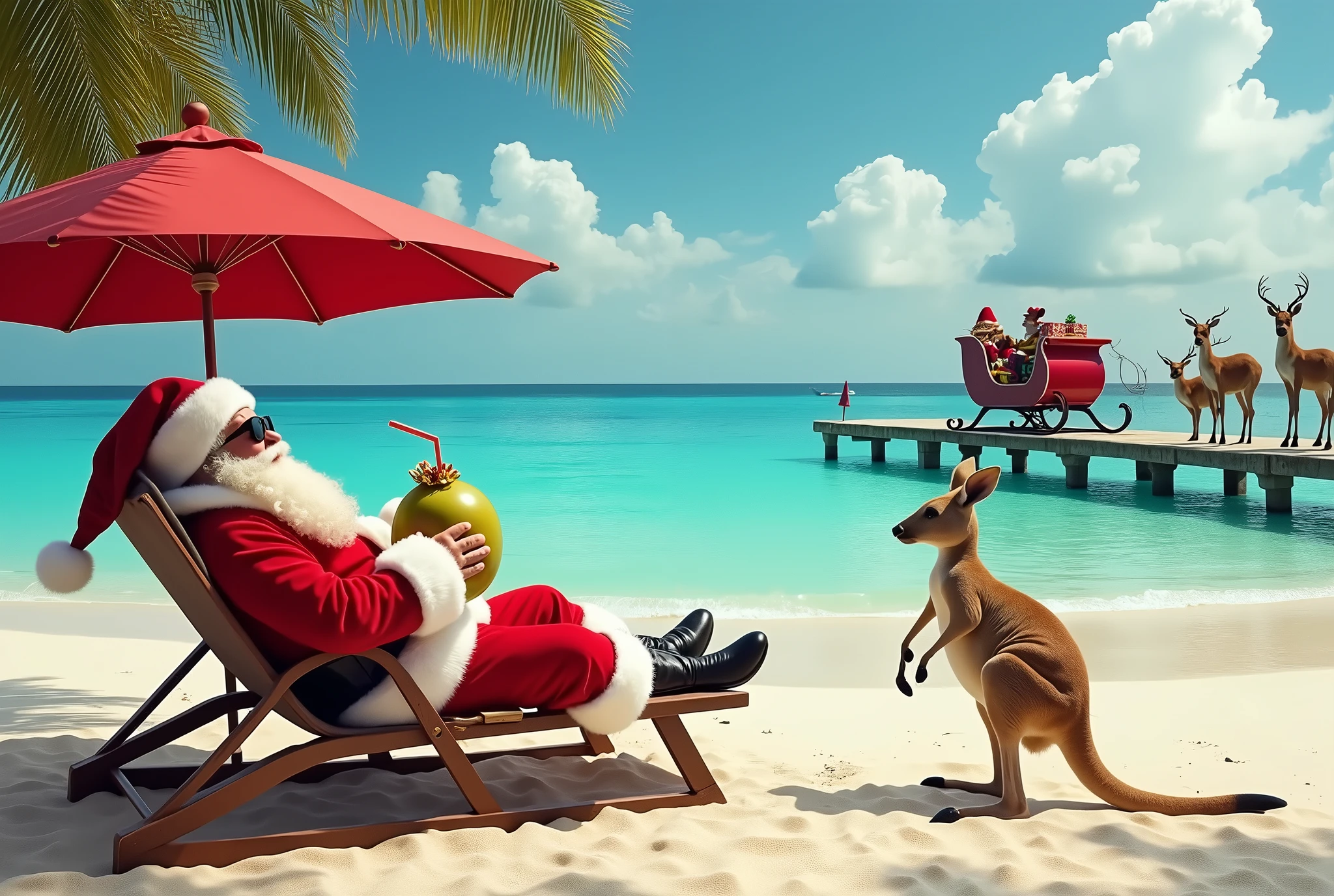 Santa Claus wearing sunglasses and a red Santa hat lying on a beach chair under a beach parasol lazily drinking coconut juice with straw, his sleigh with presents and raindeers on the sea jetty, turquoise Australian waters, kangaroo looking at him, photo realism, beautiful landscape of australia