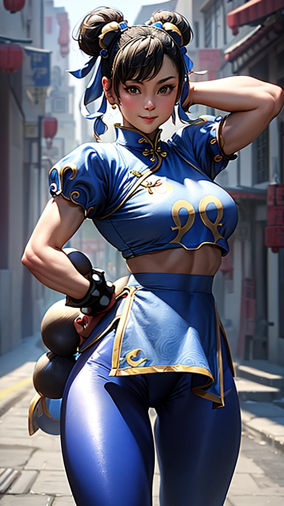 ((Chun-Li,ponytail,blue Leggings:1.3)),upper body, Looking at the audience,Slim and sexy figure, the best quality, (8k), (4K),(masterpiece), (the best quality), Extremely detailed, Game CG, Ultra Detailed, illustration, Beautiful Body,Beautiful nose, Perfect Eye, Perfect Face , 1 girl, 30 years,Fair Finger,Fair body, Fair Nose,Fair character design, perfect Eye, perfect Face,expressive Eye,Perfect balance,(Focus on her Face),(Smile:0.3), official art,Extremely detailed CG Unity 8K wallpaper, rich and colourful,  (masterpiece:1.0),(the best_quality:1.0), Ultra-high resolution,4K,Ultra Detailed, photography, 8k, HDR, high resolution, (Fair,Big goals_Chest:1.4), (blue china dress,smile,pretty face,Clear image:1.3),((青い炎のようなオーラを身にまとう,The background is Chinatown:1.3))