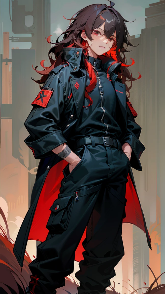 1male, tan skin, red highlighted hair, black hair, messy hair, wavy hair, red eyes, expressionless, (dark blue oversized coat), black cargo pants, black undershirt, bandaged clothing, grassland background, standing on path, hands to side, hands down, best quality, 4K, high resolution 