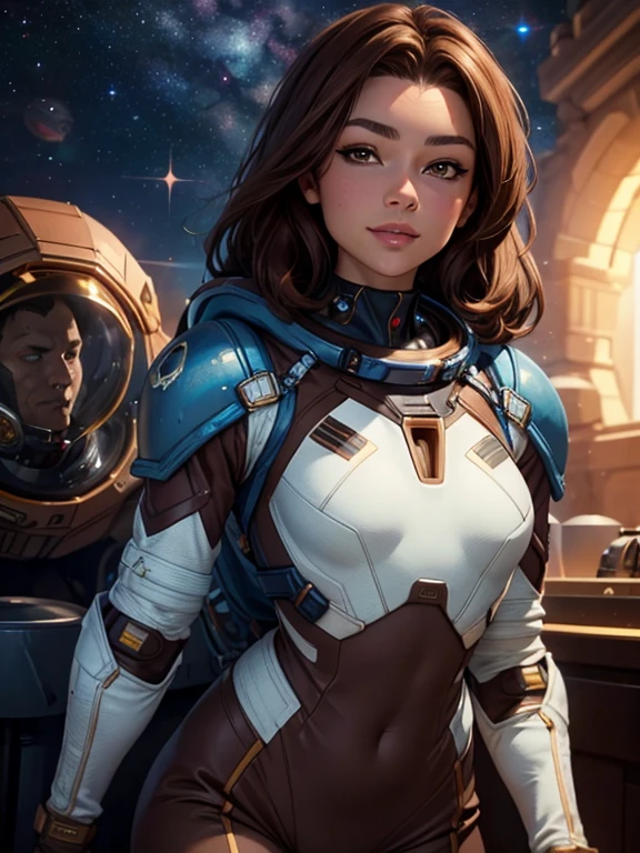 Best Quality, Ultra High Resolution, (Realism: 1.4), Depth of Field, Beautiful Face, Zendaya, (PureErosFace_V1: 0.8), Halfbody, | | 1girl, medium chest, (brown hair: 1.3), innocent smile, natural makeup, | | | Model pose, | | (Spacesuit: 1.3), (Blue Armor: 1.3), Exquisite Design, | | Space Background, Stars_(Sky), Moonlight, Night, | |