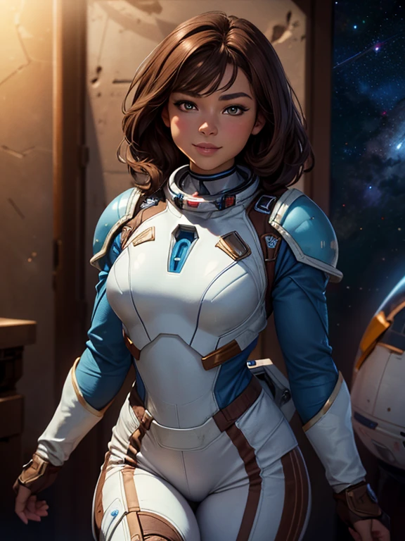 Best Quality, Ultra High Resolution, (Realism: 1.4), Depth of Field, Beautiful Face, Zendaya, (PureErosFace_V1: 0.8), Halfbody, | | 1girl, medium chest, (brown hair: 1.3), innocent smile, natural makeup, | | | Model pose, | | (Spacesuit: 1.3), (Blue Armor: 1.3), Exquisite Design, | | Space Background, Stars_(Sky), Moonlight, Night, | |