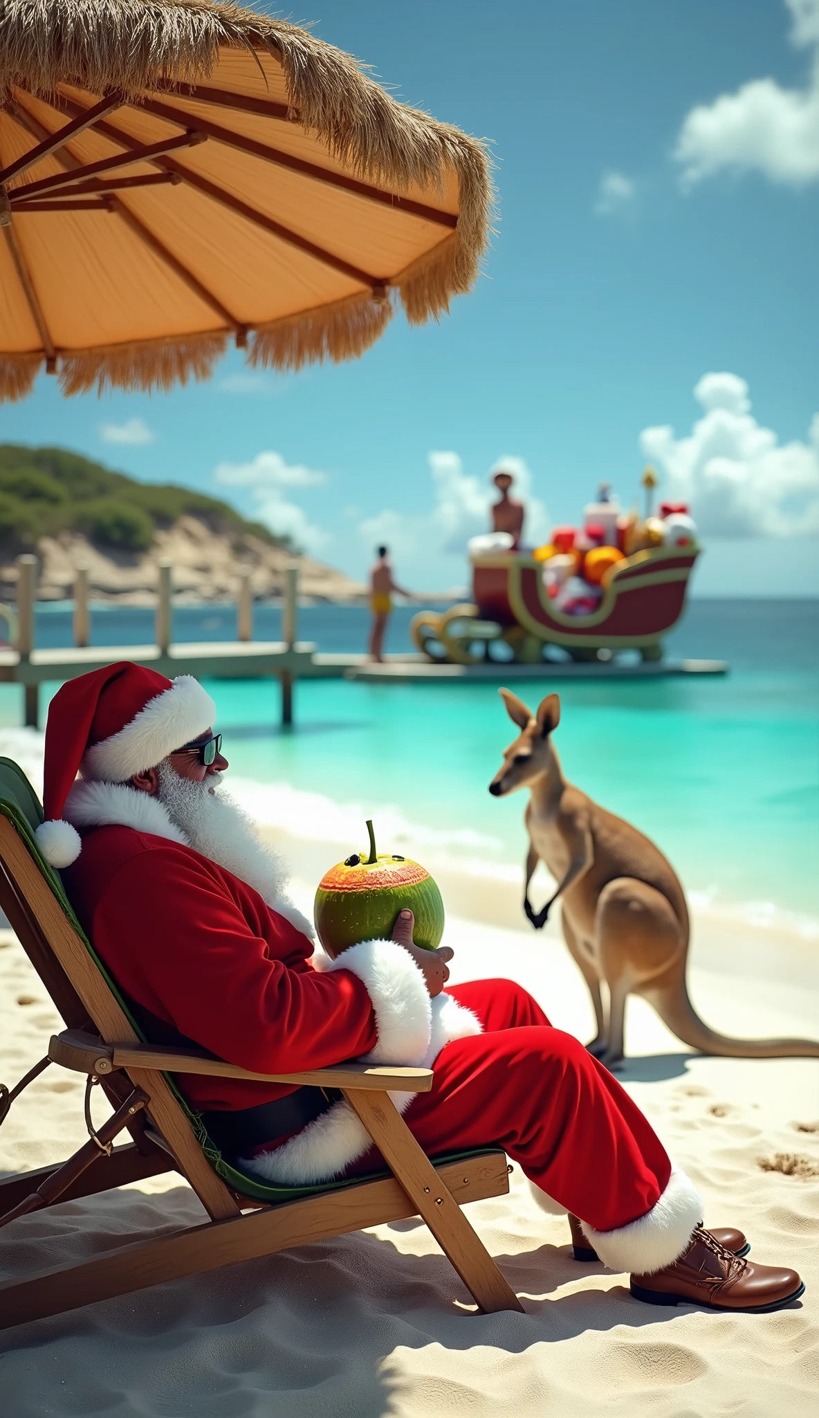 Santa Claus wearing sunglasses and a red Santa hat lying on a beach chair under a beach parasol lazily drinking coconut juice, Santa's sleigh with presents parked on the sea jetty, turquoise Australian waters, kangaroo looking at him, photo realism