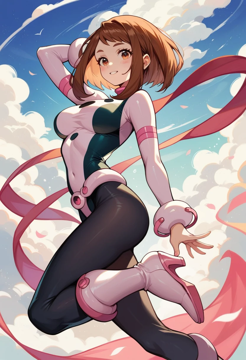 side angle, Uraraka Ochako, OchaCos, bodysuit, white high-heels boots, arms wear, black tights,. sexy 