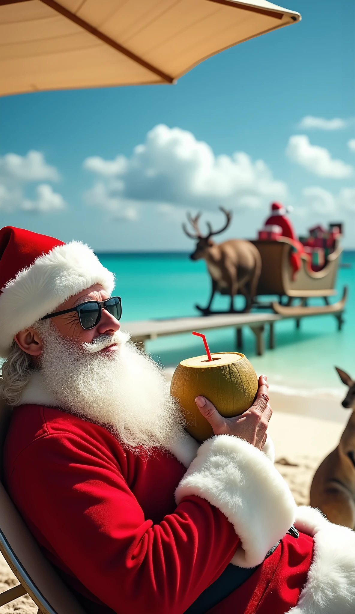 Santa Claus wearing sunglasses and a red Santa hat lying on a beach chair under a beach parasol lazily drinking coconut juice with straw, his sleigh with presents and reindeers on the sea jetty, turquoise Australian waters, kangaroo looking at him, photo realism, focus on sleigh