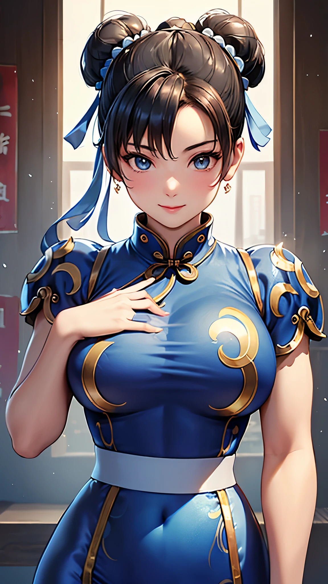 ((Chun-Li,ponytail,blue Leggings:1.3)),upper body, Looking at the audience,Slim and sexy figure, the best quality, (8k), (4K),(masterpiece), (the best quality), Extremely detailed, Game CG, Ultra Detailed, illustration, Beautiful Body,Beautiful nose, Perfect Eye, Perfect Face , 1 girl, 30 years,Fair Finger,Fair body, Fair Nose,Fair character design, perfect Eye, perfect Face,expressive Eye,Perfect balance,(Focus on her Face),(Smile:0.3), official art,Extremely detailed CG Unity 8K wallpaper, rich and colourful,  (masterpiece:1.0),(the best_quality:1.0), Ultra-high resolution,4K,Ultra Detailed, photography, 8k, HDR, high resolution, (Fair,Big goals_Chest:1.4), (blue china dress,smile,pretty face,Clear image:1.3),((青い炎のようなオーラを身にまとう,The background is Chinatown:1.3))