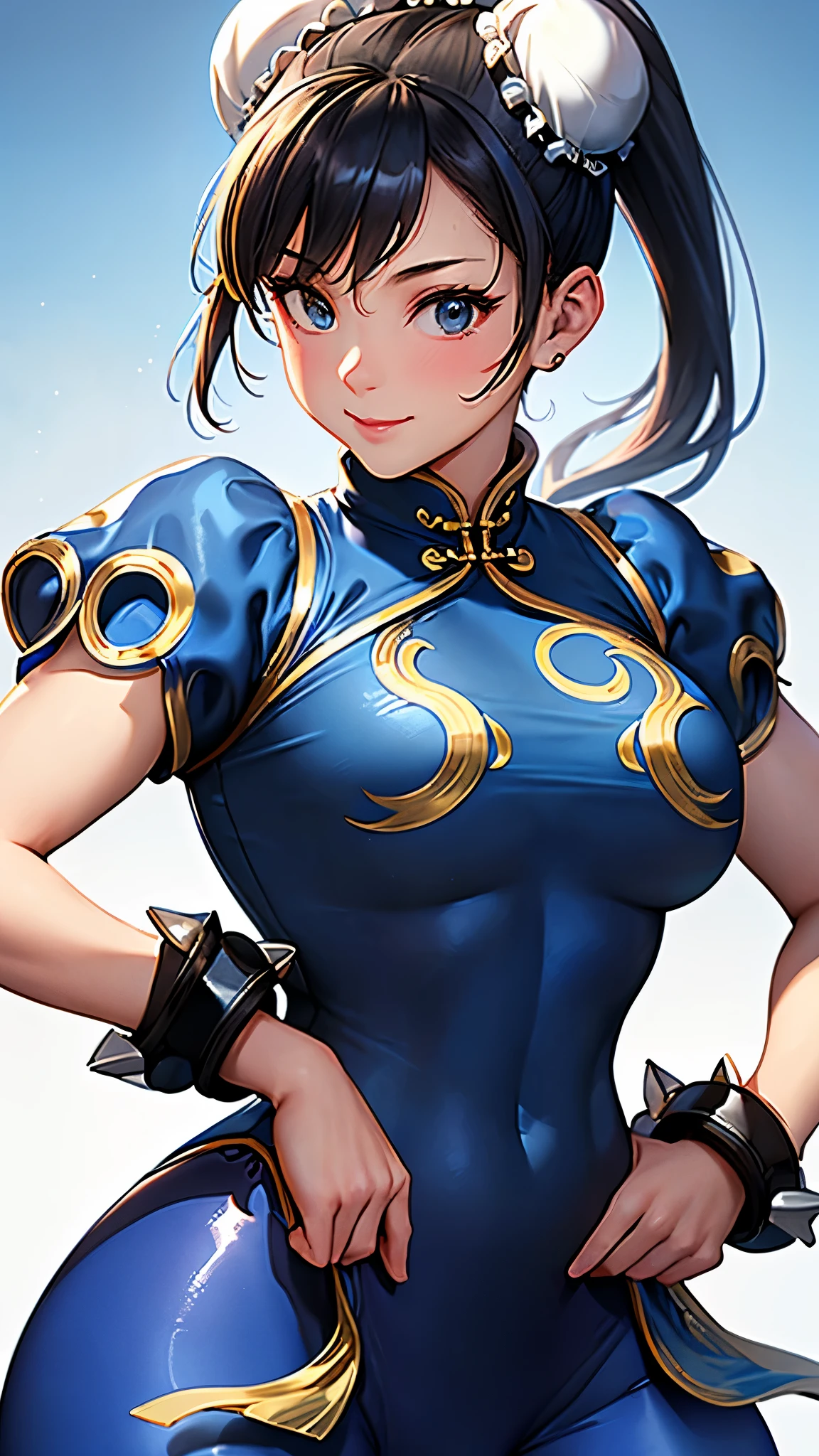 ((Chun-Li,ponytail,blue Leggings:1.3)),upper body, Looking at the audience,Slim and sexy figure, the best quality, (8k), (4K),(masterpiece), (the best quality), Extremely detailed, Game CG, Ultra Detailed, illustration, Beautiful Body,Beautiful nose, Perfect Eye, Perfect Face , 1 girl, 30 years,Fair Finger,Fair body, Fair Nose,Fair character design, perfect Eye, perfect Face,expressive Eye,Perfect balance,(Focus on her Face),(Smile:0.3), official art,Extremely detailed CG Unity 8K wallpaper, rich and colourful,  (masterpiece:1.0),(the best_quality:1.0), Ultra-high resolution,4K,Ultra Detailed, photography, 8k, HDR, high resolution, (Fair,Big goals_Chest:1.4), (blue china dress,smile,pretty face,Clear image:1.3),((青い炎のようなオーラを身にまとう,The background is Chinatown:1.3))