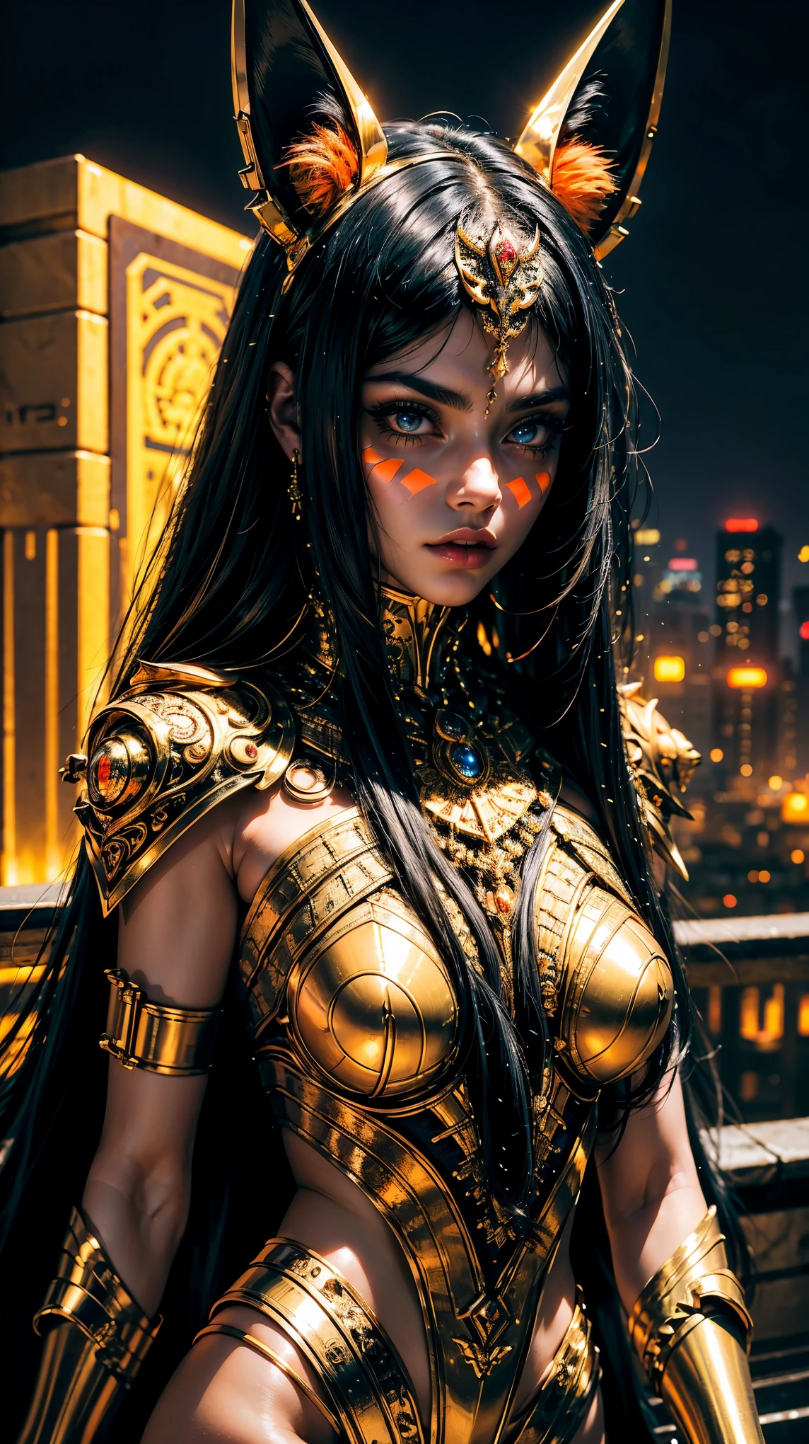 masterpiece, Ultra intricate details, high angle, aerial shot, cyber city egypt, 1 girl, alone, Pale skin, bee, egyptian girl, Egyptian cat princess outfit, cyber cat ears, long neckline, gold and black metal jewelry, Platinum black hair, Egyptian hairstyle, shoulder length, ultra straight hair, fringe, well combed, large, bushy eyebrows, cyber princess, swollen eyes, golden cat eyes, very detailed mouth, big and bright eyes, fluorescent eyes, hands behind the back, pose frontal, ((red neon lights, orange, blue)), hyperrealistic, Augmented reality, cyber egyptian style, mysterious, showy, ((Ultra intricate face and body details, extremely detailed skin)), Hard shadows and lights, at noon, iridescent, Lighting and shadows,cyberpunk buildings in egyptian style, ultra quality, 4k high definition, half body, close up, portrait, neon red colors, orange, yellow black and white