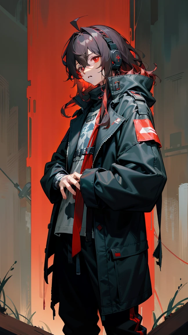 1male, tan skin, red highlighted hair, black hair, messy hair, wavy hair, red eyes, expressionless, (dark blue oversized coat), black cargo pants, black undershirt, bandaged clothing, grassland background, standing on path, hands to side, hands down, best quality, 4K, high resolution, cyberpunk headphones, skeletonized armor  