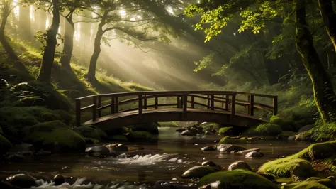 a misty forest, a gentle stream, a wooden footbridge, sunlight piercing through the fog, lush vegetation, serene atmosphere, pho...