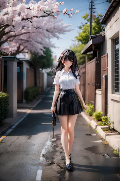 1girl, black skirt, branch, building, chain-link fence, cherry blossoms, fence, long hair, outdoors, petals, pleated skirt, rain...