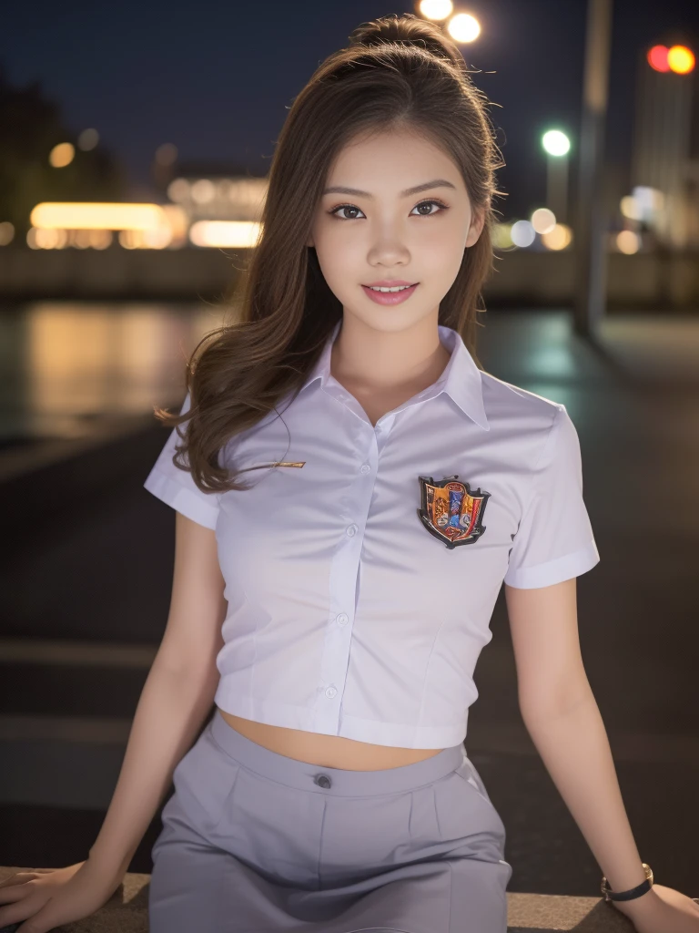 1girl, 1 girl, (uniform), standing, outdoors, night view, detailed Metropolitan city at the background, (Overhead view:1.35), (zoom out: 1.1), detailed face, cute little smile, detailed eyes, medium thick breasts, six pack abs, smooth realistic skin, semi-curvy body, white shirt, grey blue short skirt, looking at the audience, (8k, RAW photo, best quality, masterpiece: 1.3), (realistic, realistic: 1.37), ultra-high resolution