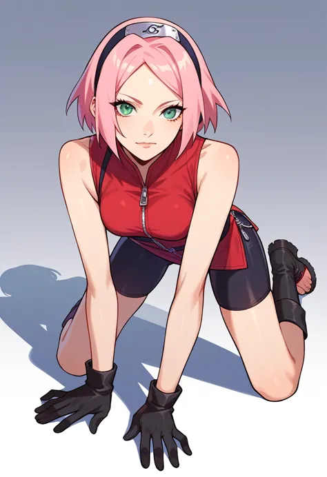 sakura haruno, short hair, green eyes, pink hair, parted bangs, hairband, forehead protector, gloves, green eyes, sleeveless, bl...