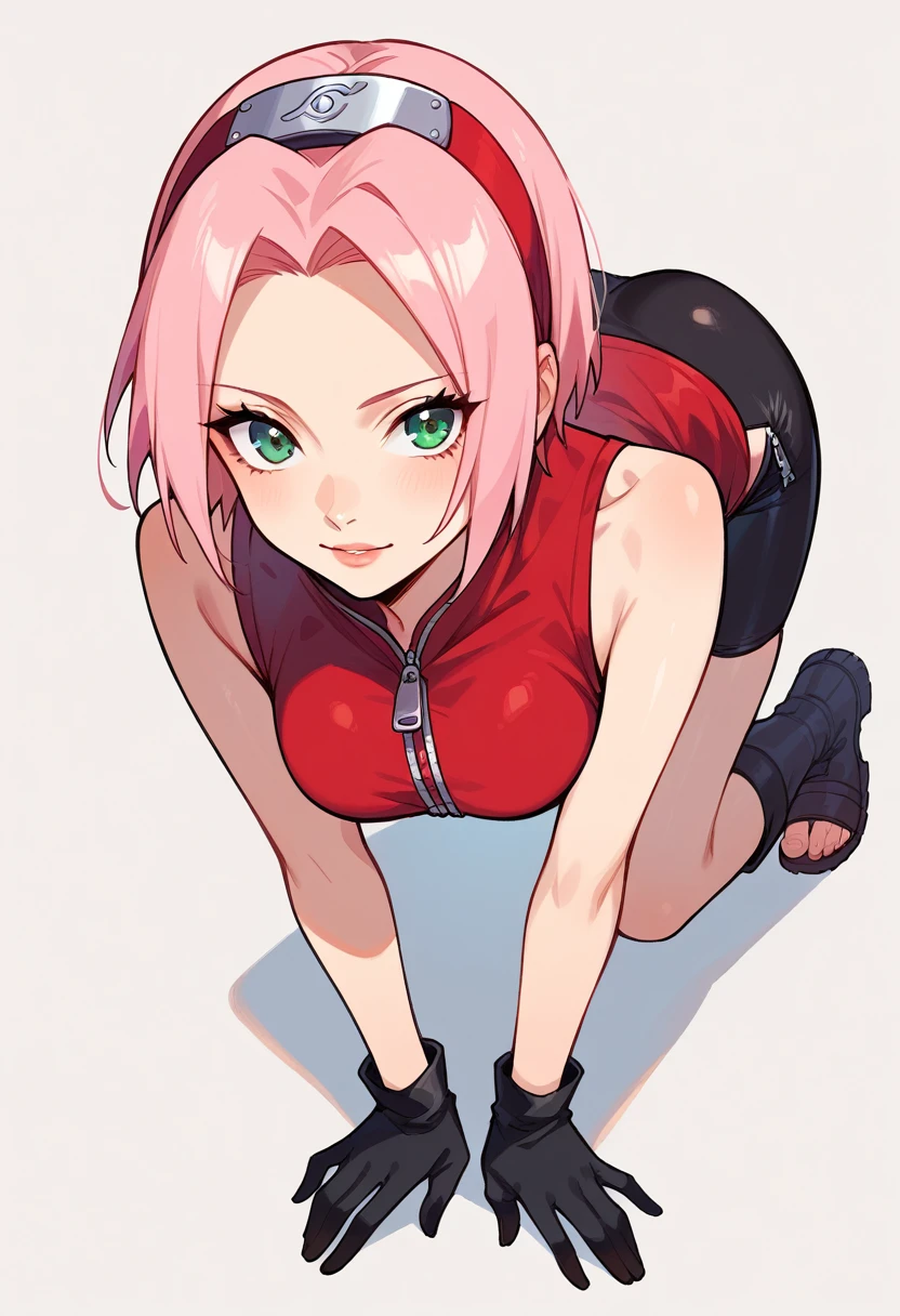 sakura haruno, sexy, on all fours, short hair, green eyes, pink hair, parted bangs, hairband, forehead protector, gloves, green eyes, sleeveless, black gloves, red shirt, zipper, boots, bike shorts, zipper, toeless footwear, slender-body, thin. sexy, on all fours.