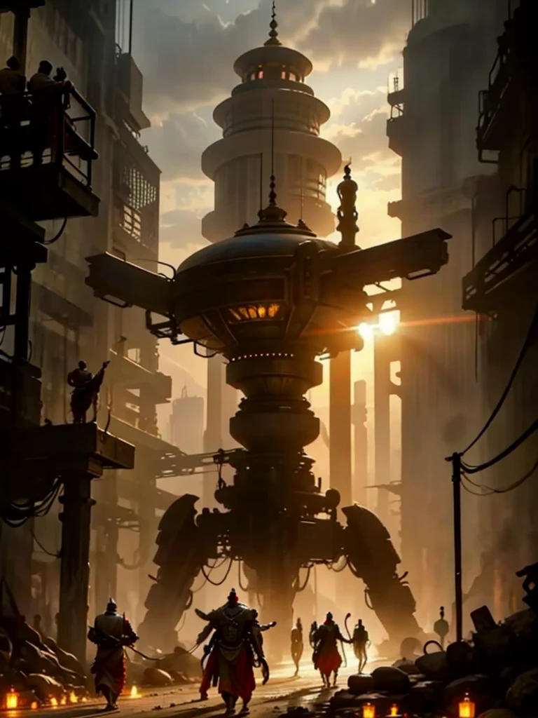 videogame art, antique city, temple, giant statues, (cyberpunk:1.2), arab, turkish, indian, futuristic, decadent, (post-apocalyptic), desert background, giant crystals, futuristic city, sunset, concept art
