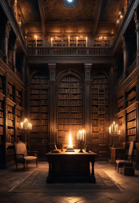 design a detailed image of an ancient gothic library at midnight. tall, dark wooden bookshelves stretch to the ceiling, filled w...