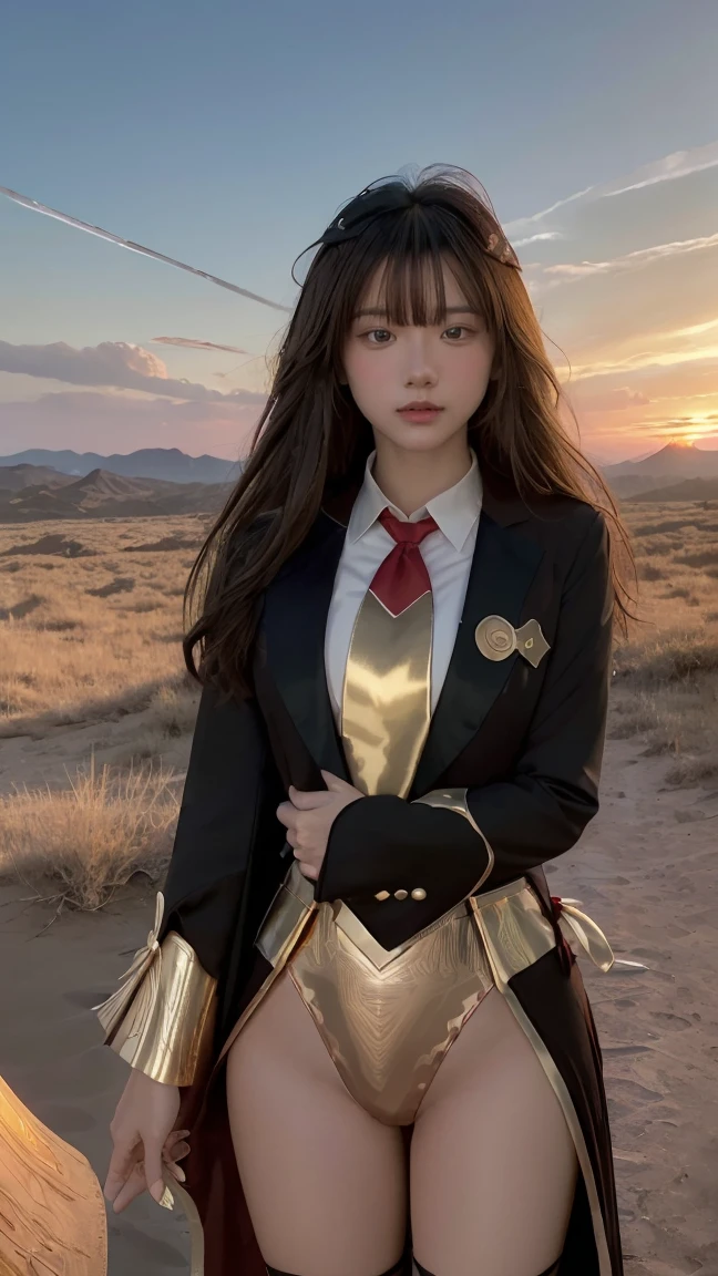 ((Masterpiece, best quality, very detailed), Volumetric light, surrounding occlusion, Rich and colorful, glow), 1 woman, lonely, young girl, (Brown bangs), long hair, radius, radius, sacred, goddess, Priesthood, (Black suit with gold trim and red tie:1.3), armor, outdoor, sunset, sky, cloud, space, (Fantasy Theme:1.2),