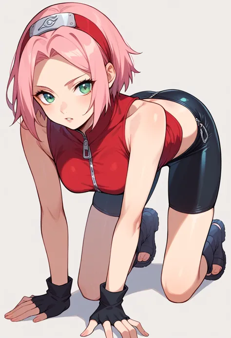 sakura haruno, sexy, on all fours, short hair, green eyes, pink hair, parted bangs, hairband, forehead protector, gloves, green ...