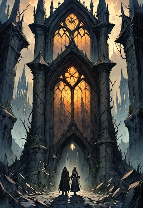 dark fantasy scene of two characters dressed in medieval-style clothing, standing in a ruined, ancient cathedral. the man and wo...