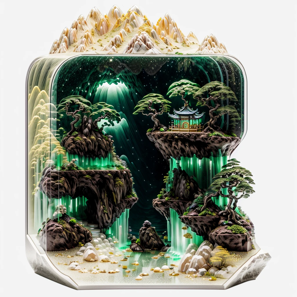 Reality,3D Rendering,Practical,miniature,Bonsai in a box，Palace on the moon， Golden,Golden decoration,圆环 LED 柔性Light Strip,Fluorescent lamp,floating,内部Luminescence,Luminescence,Texture of emerald and gemstones,(((jin shan))),(Waters),Golden Pavilion,plant,Jade and Jade Jewelry,Pure pearls, (Golden auspicious clouds:1.1),Giant trees,Light Strip,Mountain Road,Light Strip,Backlight,Transparent acrylic,edgBunny:1.2