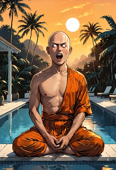 ((open mouth)),(sunrise),portrait blind buddhist monk sitting with open mouth next to the pool at the white hotel, tropical, pal...