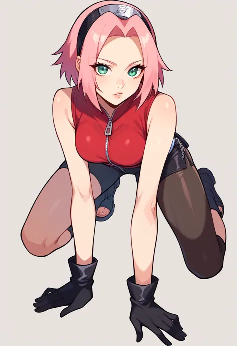 sakura haruno, sexy, on all fours, short hair, green eyes, pink hair, parted bangs, hairband, forehead protector, gloves, green ...