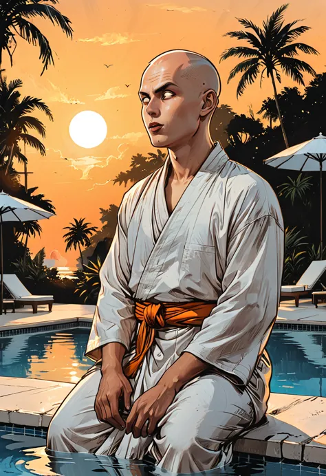 ((profile angele)),((open mouth)),(sunrise),profile portrait blind buddhist monk sitting with open mouth next to the pool at the...