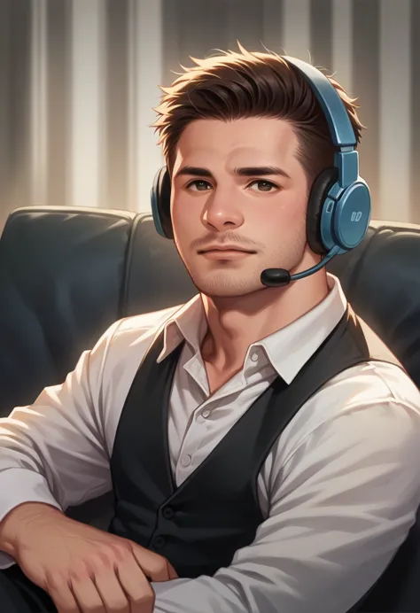 realistic image, a man, wearing formal clothes, sit down, with ears using a headset, in front of it there is a mic,