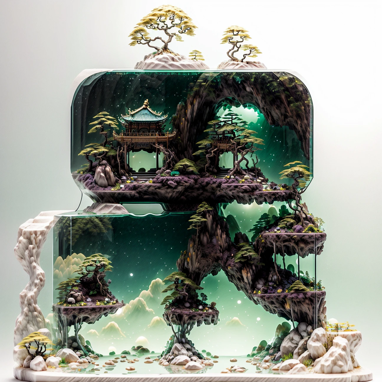 Reality,3D Rendering,Practical,miniature,Bonsai in a box，Palace on the moon， Golden,Golden decoration,圆环 LED 柔性Light Strip,Fluorescent lamp,floating,内部Luminescence,Luminescence,Texture of emerald and gemstones,(((jin shan))),(Waters),Golden Pavilion,plant,Jade and Jade Jewelry,Pure pearls, (Golden auspicious clouds:1.1),Giant trees,Light Strip,Mountain Road,Light Strip,Backlight,Transparent acrylic,edgBunny:1.2