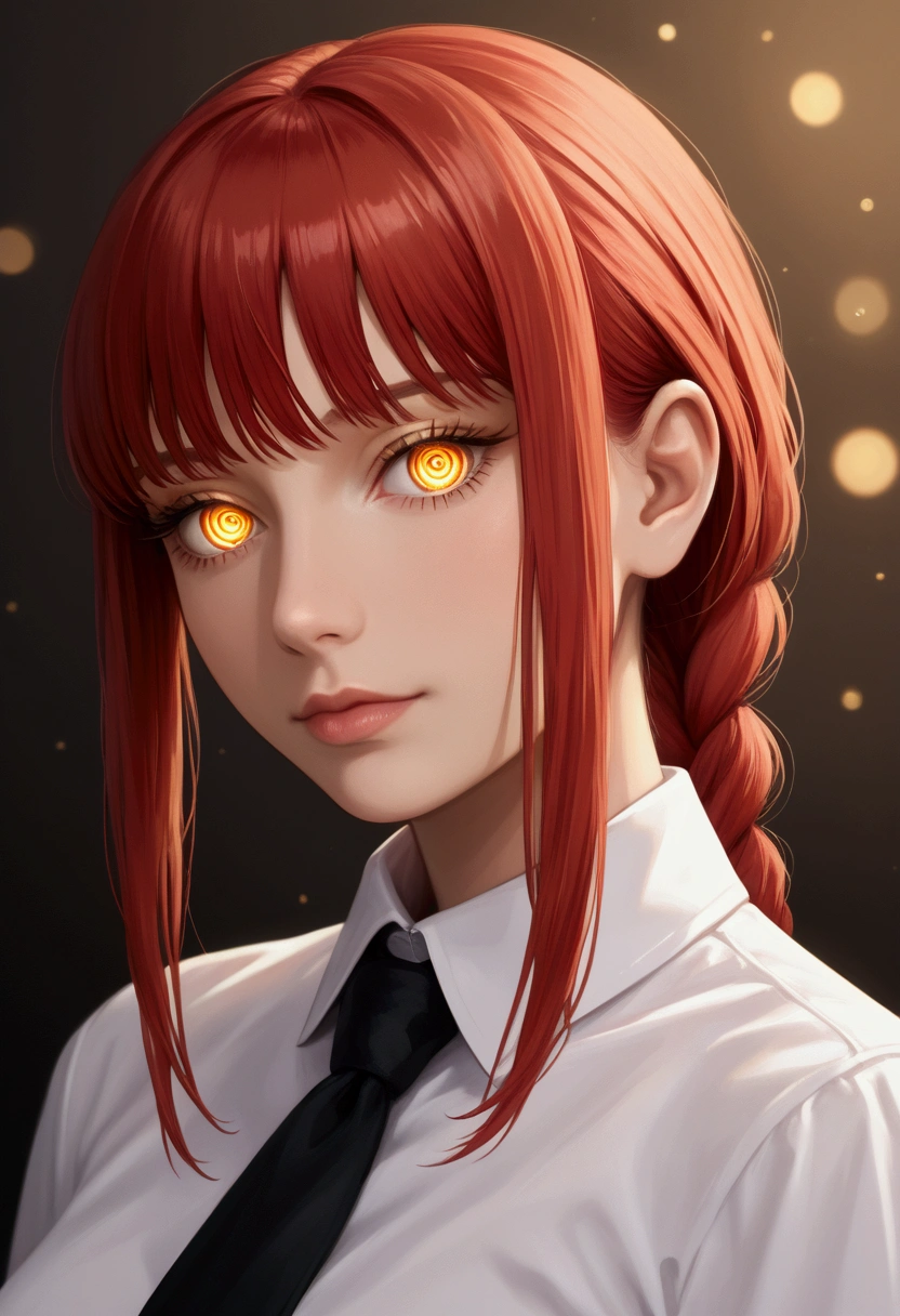 A beautifully detailed, photorealistic 8K masterpiece portrait of Makima from Chainsaw Man, with red braided hair, bangs, and piercing yellow and golden ringed eyes. She wears a white shirt and necktie, with intricate skin texture and pores. The image is shot with cinematic lighting, sharp focus, and a subtle bokeh effect, creating a captivating and visually stunning artwork.