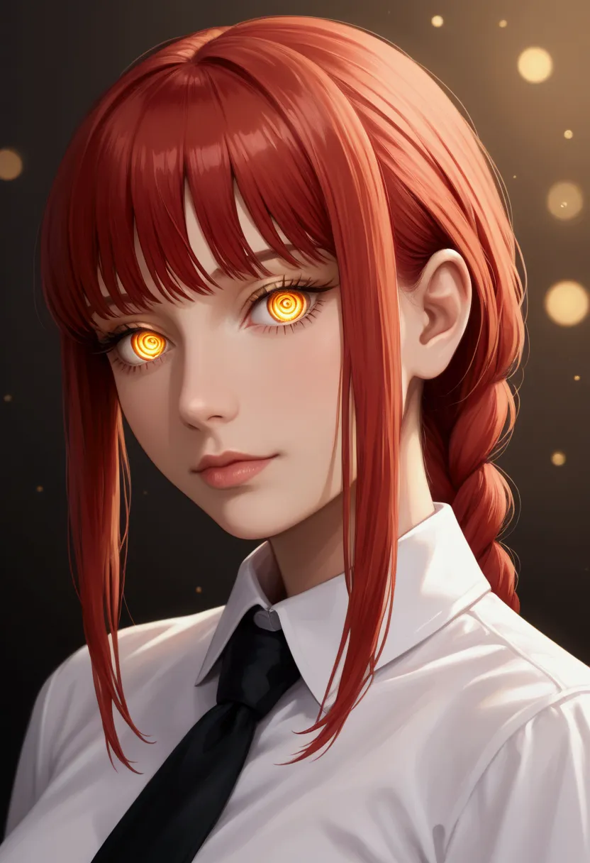 a beautifully detailed, photorealistic 8k masterpiece portrait of makima from chainsaw man, with red braided hair, bangs, and pi...