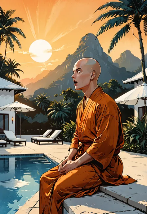 ((profile angele)),((open mouth)),(sunrise),profile portrait blind buddhist monk sitting with open mouth next to the pool at the...