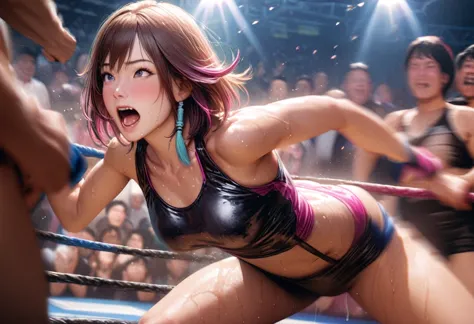 cute female fighter, yuna, tiny wrestling outfit, sweaty, wrestling ring in japan, bigger and stronger opponent, pulling off yun...