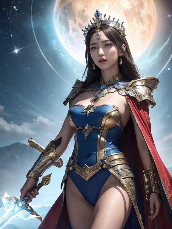 Highest quality, masterpiece, Realistic, High resolution, 8K RAW Photos, 1 girl、Long Hair、goddess、Has a decorated sword、Raise your sword、((Glamour body:1.3))、(Blue bodysuit with ice motif、Gold Edge、Red Cape)、Silver Pendant、Silver earrings、(((Action pose)))、(On the ice of a planet where Mercury is visible)、(Many ice crystals floating in the starry sky）