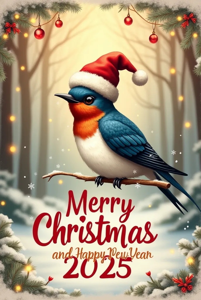 10cm x 20cm Christmas image, with swallow wearing santa hat . say RUBEL G "Merry Christmas and Happy New Year 2025"