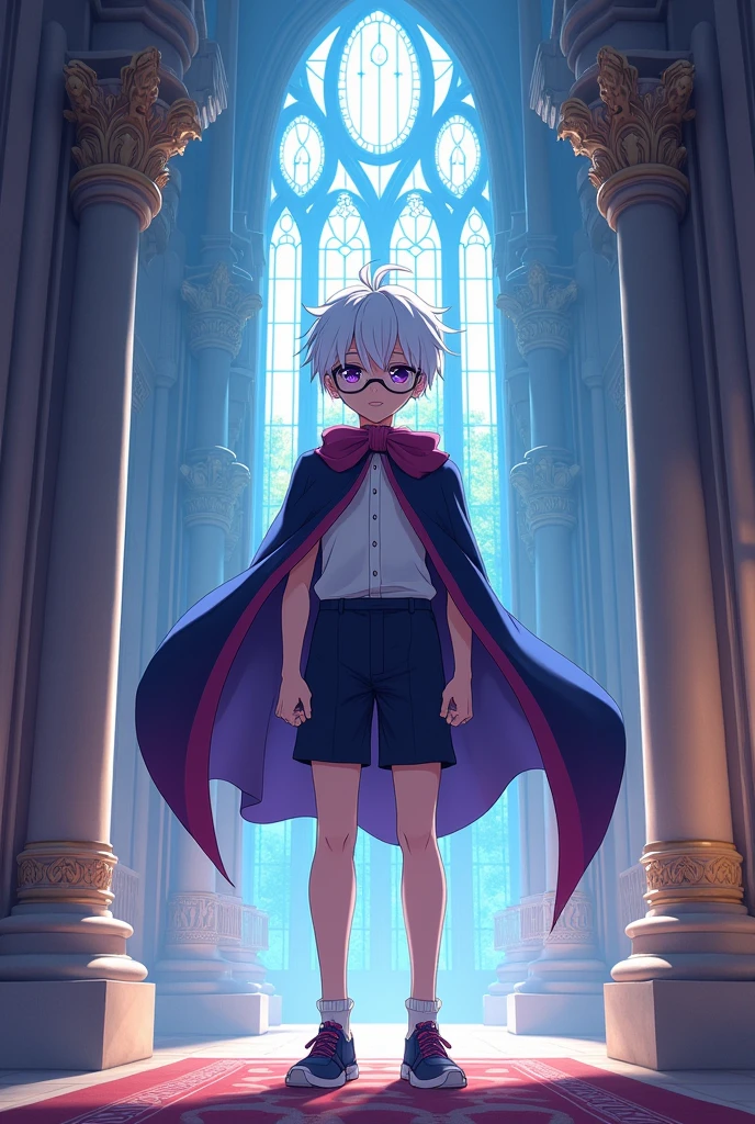  teenage boy, short white hair, Pale skin, bright violet eyes, with glasses, with shorts and magic school uniform, animated 