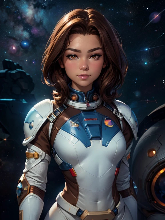 Best Quality, Ultra High Resolution, (Realism: 1.4), Depth of Field, Beautiful Face, Zendaya, (PureErosFace_V1: 0.8), Halfbody, | | 1girl, medium chest, (brown hair: 1.3), innocent smile, natural makeup, | | | Model pose, | | (Spacesuit: 1.3), (Blue Armor: 1.3), Exquisite Design, | | Space Background, Stars_(Sky), Moonlight, Night, | |
