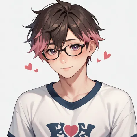 man.cute,a little blush,short hair,wear glasses,cute,hair highlights,simple outfit,design