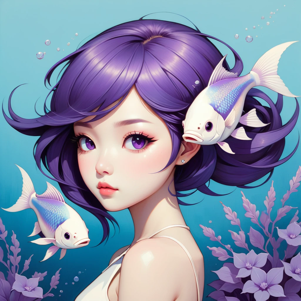 Bolt Fish with purple off-white and pale blue color palette in audrey kawasaki art style
