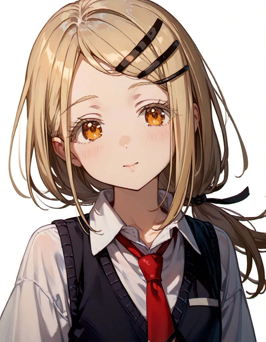 shinosawa hiro,slender,amber eyes,white eyelash,blonde hair,long hair,hairclip,white background,flat chest,necktie,black vest,low ponytail,