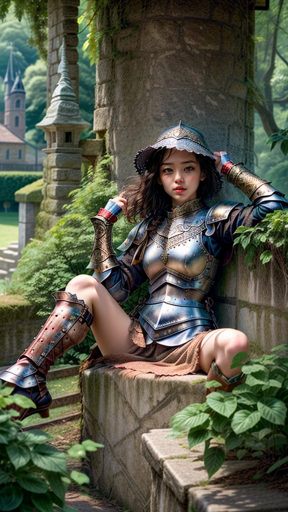 (masterpiece, best quality),  intricate details,
 1girl, guard,  town guard, armor, pauldrons, chainmail, village, castle wall, 
 