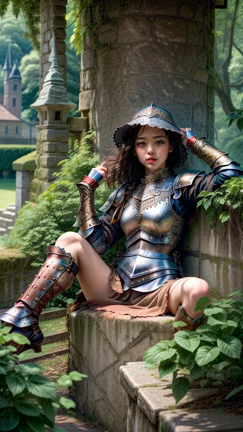 (masterpiece, best quality),  intricate details,
 1girl, guard,  town guard, armor, pauldrons, chainmail, village, castle wall,