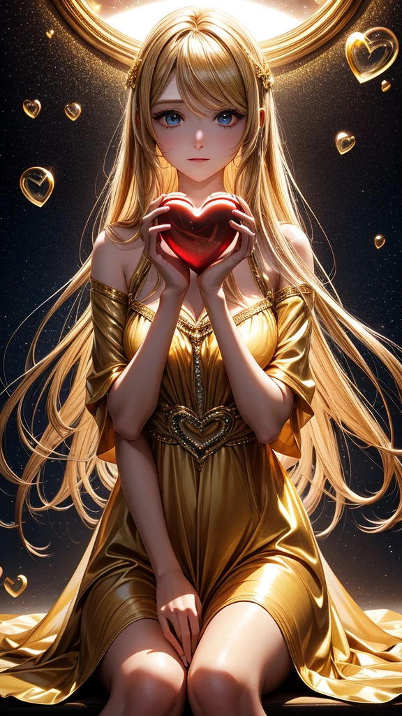 In a golden transparent glass bubble, Dark Star Background, Beautiful blonde 30 year old angel holding a red heart in her hands, k resolution ultra detailed sitting