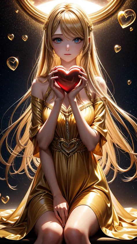 in a golden transparent glass bubble, dark star background, beautiful blonde 30 year old angel holding a red heart in her hands,...