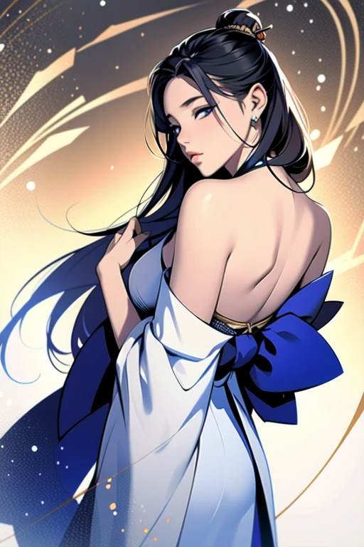 (1 girl: 1,3), geisha, ((zen)), (masterpiece, highest quality, best quality: 1,3), extremely detailed background, Zen calligraphy, unique visual effect. long golden hair. blue eyes, full-length, kimono, open shoulders, covers her chest with her hands, photo from behind, looks at the camera over her shoulder, confused, realistic, full-length.