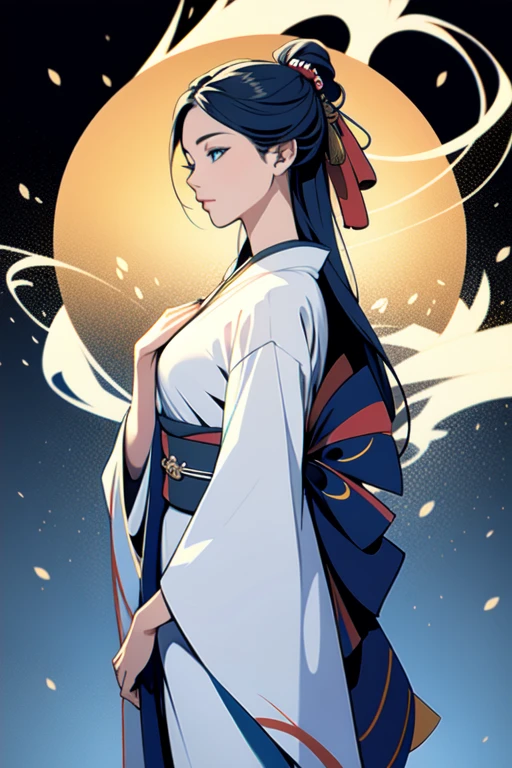 (1 girl: 1,3), geisha, ((zen)), (masterpiece, highest quality, best quality: 1,3), extremely detailed background, Zen calligraphy, unique visual effect. long golden hair. blue eyes, full-length, kimono, open shoulders, covers her chest with her hands, photo from behind, looks at the camera over her shoulder, confused, realistic, full-length.